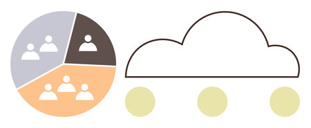 Pie chart with user icons in segments alongside a cloud outline and three dots. Ideal for teamwork, data sharing, digital storage, online collaboration, cloud computing, tech networking, simple flatのイラスト素材
