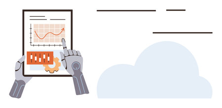 Robotic hands study analytics on tablet, featuring growth chart, gear icon, and cloud. Ideal for technology, AI, automation, data analysis innovation cloud computing efficiency. Simple flatのイラスト素材
