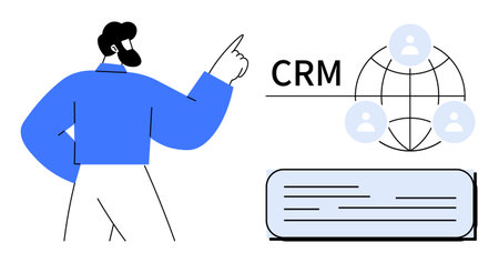 Professional pointing at CRM interface with user icons over globe. Ideal for customer management, global networking, business strategy, data organization, software development, teamwork, simple flatのイラスト素材
