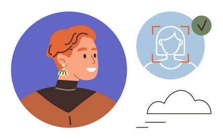 Portrait of a person beside a facial recognition icon and a cloud. Ideal for technology, identity verification, security, online authentication, artificial intelligence, data privacy, modern trendsのイラスト素材