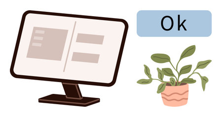 Computer monitor displaying applications beside a green plant in a pot and an Ok message. Ideal for productivity, office space, work-life balance, organization, workflow, technology, simple flatのイラスト素材
