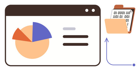 Pie chart and text elements on dashboard screen, folder holding binary data, upward arrow. Ideal for data sharing, analysis, technology, computing, reports business progress. Simple flat metaphorのイラスト素材