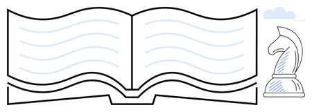 Open book with curved lines beside a chess knight and cloud. Ideal for learning, strategy, intellect, education, research, planning, and problem-solving themes. Flat simple metaphorのイラスト素材