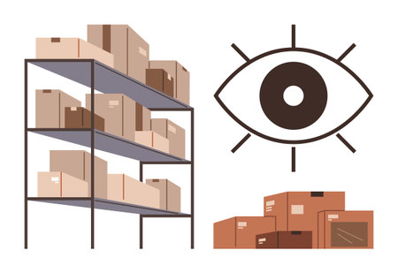 Storage rack stacked with boxes, additional boxes beside, and an abstract eye icon symbolizing monitoring. Ideal for warehouse management, logistics, supply chain, organization, e-commerce, trackingのイラスト素材