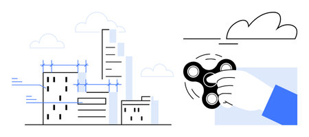 Hand holding a fidget spinner near clouds paired with outlined urban buildings under construction. Ideal for productivity, creativity, focus, mindfulness, stress relief, urban planning, modern lifeのイラスト素材