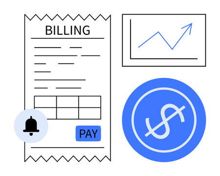 Billing receipt with pay button, dollar icon, notification bell, and a rising graph. Ideal for payment processing, online billing, financial management, budgeting, e-commerce accounting and fintechのイラスト素材