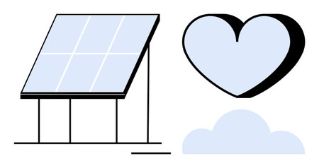 Solar panel with heart and cloud emphasizing renewable energy, environmental sustainability, and love for nature. Ideal for green technology, sustainability, eco-friendly practices, renewable energyのイラスト素材