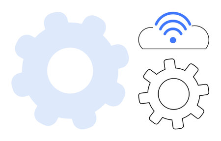 Large gear, smaller outlined gear, and cloud with wireless icon symbolizing automation, connectivity, and tech integration. Ideal for cloud computing, innovation, digital workflow, IoT efficiencyのイラスト素材