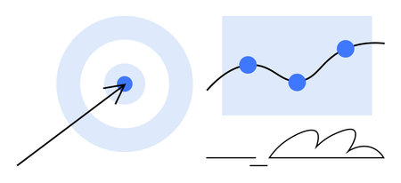 Circular target with an arrow, graph with connected data points, and abstract lines. Ideal for goal setting, data analysis, strategic planning, performance monitoring, success tracking, innovationのイラスト素材