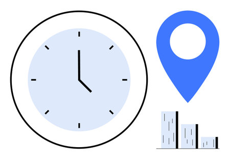 Clock emphasizes time, blue location marker highlights place, and bar graph denotes progress or data analysis. Ideal for scheduling, planning, navigation, tracking, milestones, growth simple flatのイラスト素材