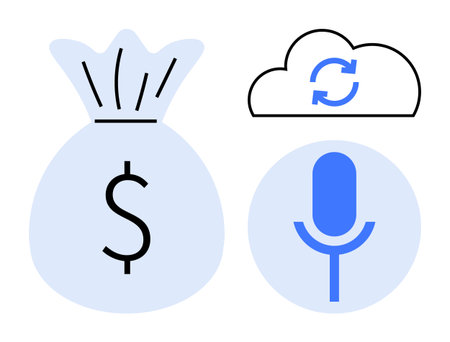 Money bag represents financial assets, cloud with sync arrows for data storage, microphone symbolizes voice technology. Ideal for finance, tech innovation, recording, data security, communicationのイラスト素材