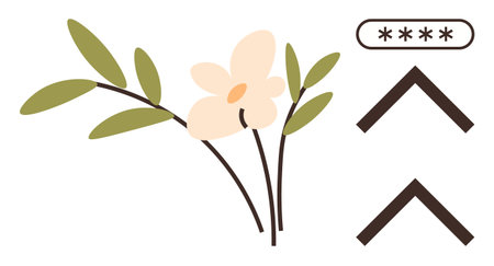 Elegant floral branch with leaves and a white blossom paired with upward arrows and password box. Ideal for growth, nature, navigation, security, simplicity, self-development, and interface designのイラスト素材