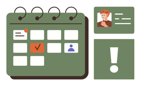 Calendar displaying scheduled events, contact information card, and an exclamation mark signaling notification. Ideal for scheduling, time management, reminders, task tracking, planning, eventのイラスト素材