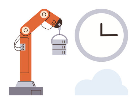 Robotic arm lifting object beside clock and cloud, symbolizing automation, time management, industry, productivity, innovation, logistics, and efficiency. Ideal for minimal simple flat metaphorのイラスト素材