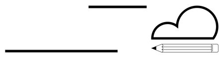Minimalist cloud line, a pencil, and horizontal lines emphasizing writing, creativity, education, design, innovation, ideas sharing and simplicity. Ideal for simple flat metaphorのイラスト素材
