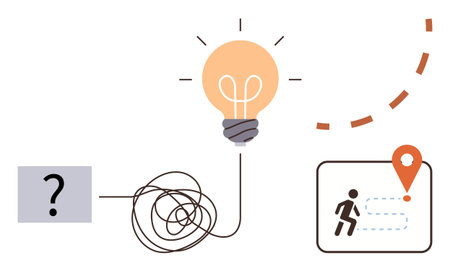 Tangled line linking a question mark and a lightbulb, leading to a person near a marked destination. Ideal for innovation, solutions, decision-making, creativity, strategy, goals, finding pathsのイラスト素材