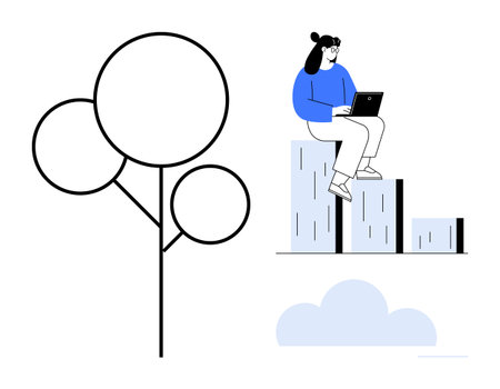 Woman seated on bar graph steps, using a laptop, next to abstract tree and cloud elements. Ideal for productivity, growth, technology, achievement, ecology balance and simplicity. Minimal flatのイラスト素材