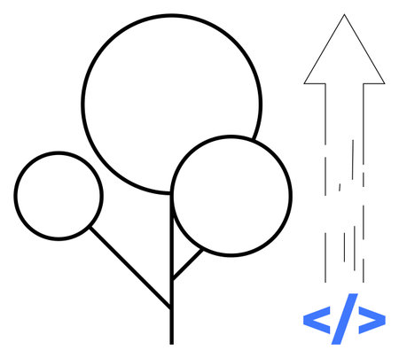 Abstract tree with circular nodes connected by lines alongside upward arrow and coding element. Ideal for tech progress, innovation, growth, sustainability, digital transformation, programmingのイラスト素材
