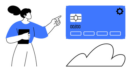 Woman holding a tablet pointing at a digital card. Themes Ideal for finance, transaction, payment, technology, banking, online shopping, digital innovation. Simple flat metaphorのイラスト素材