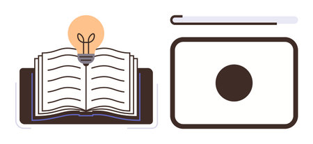 Open book with glowing lightbulb representing ideas and learning, next to a blank projector screen. Ideal for education, innovation, creativity, presentations, teaching, knowledge, brainstormingのイラスト素材