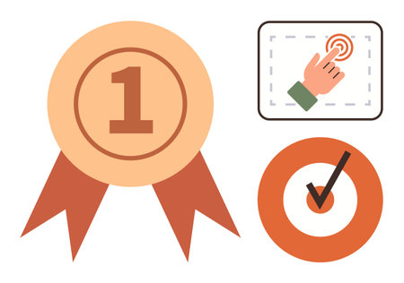 Number one ribbon, checkmark on target, and hand touching screen icon. Ideal for success, achievement, quality, ranking, goals decision-making technology. Simple flat metaphorのイラスト素材
