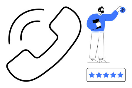 Telephone icon, person holding clipboard with coin, five-star rating icons. Ideal for customer support, service quality, communication, feedback, success trust. Simple flat metaphorのイラスト素材