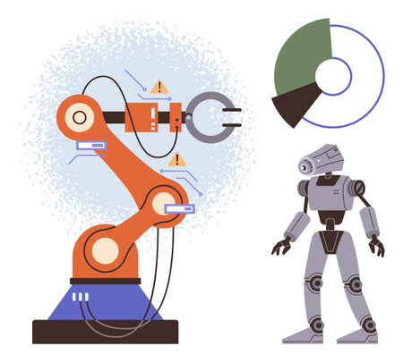 Robotic arm operating with caution signals, humanoid robot standing nearby, and a segmented data chart. Ideal for technology, AI, robotics, data analysis, automation, innovation and industry themesのイラスト素材