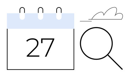 Calendar page with number 27, magnifying glass, and cloud symbol suggesting date-based analysis or cloud search. Ideal for scheduling, planning, analysis, research, time, calendar organizationのイラスト素材