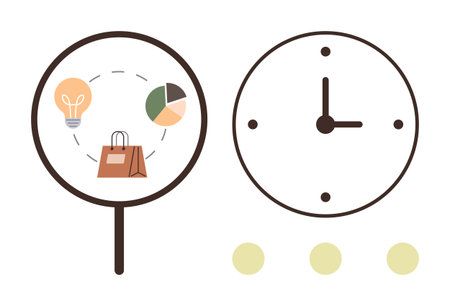Magnifying glass highlighting a bulb, shopping bag, and pie chart beside a clock. Ideal for time...