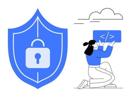 Locked shield and kneeling woman coding in blue tones, cloud and code elements combined. Ideal for cybersecurity, programming, cloud storage, tech safety, privacy, software development, simpleのイラスト素材