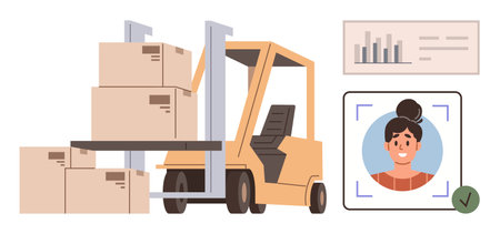 Forklift lifting stacked boxes, employee profile with ID scan, and performance analytics. Ideal for logistics, warehouse management, supply chain, shipping, technology, safety simple flat metaphorのイラスト素材