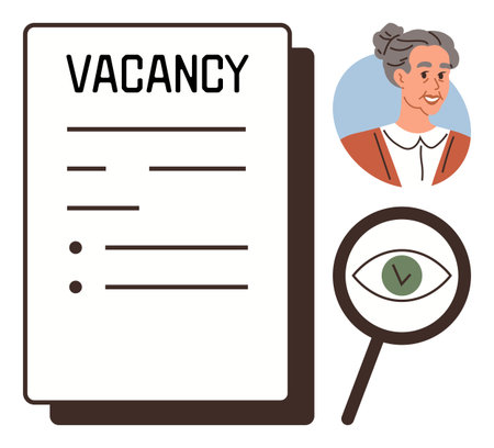 Vacancy form, applicant image, magnifying glass with checkmark. Ideal for recruitment, HR, hiring, career, job search, evaluation decision-making concepts in simple flat metaphorのイラスト素材