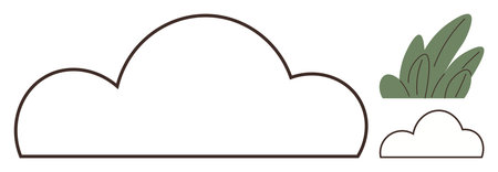Large outlined cloud, small cloud, and leafy shrub with simple design. Ideal for weather, nature, simplicity, eco-focus, outdoor concepts growth and environment. Clean flat metaphorのイラスト素材