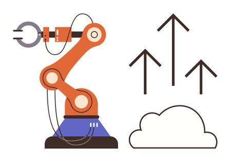 Robotic arm, cloud icon, and upward arrows symbolizing cloud computing, automation, innovation, industry, data transfer technology advancement and growth. Ideal for tech AI industry 4.0 dataのイラスト素材