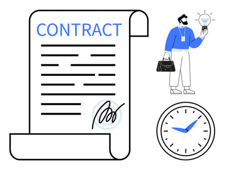 Large signed contract document, businessman holding lightbulb idea, and clock emphasizing time efficiency. Ideal for agreements, business planning, innovation, deadlines, productivity, creativityのイラスト素材