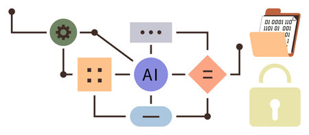 Central AI circle with connected shapes, gear, folder, and padlock. Represents automation, data processing, security, and innovation. Ideal for technology innovation AI security data systemsのイラスト素材