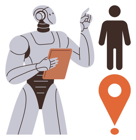 Humanoid robot with clipboard gesturing alongside human figure and location marker. Ideal for technology, AI navigation, robotics applications, futuristic concepts, workforce automation, geolocationのイラスト素材