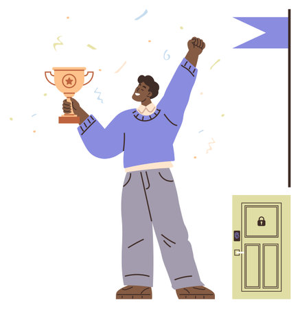 Confident person celebrates success with trophy, raised fist, and confetti near a locked door and flag. Ideal for achievement, success, goal setting, determination, motivation, celebration simpleのイラスト素材