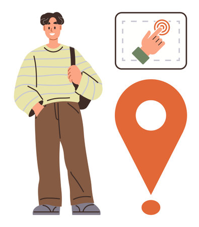 Smiling young man in casual clothes holding a bag, large orange map marker icon, touchscreen tap gesture suggesting navigation, direction, exploration. Ideal for travel, GPS, mobility, lifestyleのイラスト素材