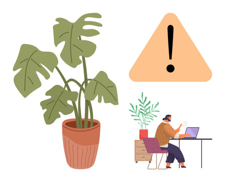 Worker at desk focused on laptop, surrounded by plants and framed by a warning sign. Ideal for productivity, focus, remote work, caution, nature, workspace or balance themes. Simple flat metaphorのイラスト素材