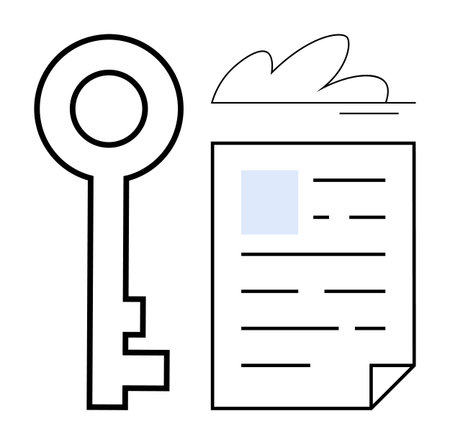 Minimalistic representation of a key and a document illustrating access, security, privacy, permission, and organization. Ideal for business, education, law, data digital tools and access conceptsのイラスト素材