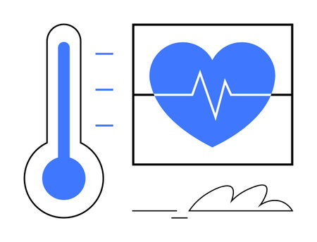Blue heart with heartbeat line on screen alongside thermometer and minimal elements. Ideal for health, wellness, fitness, medical care, monitoring, diagnostics, and prevention themes. Simple flatのイラスト素材