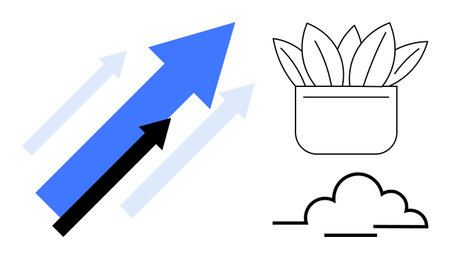 Bold arrows pointing upward symbolizing growth, potted plant for natural progress, and a cloud...