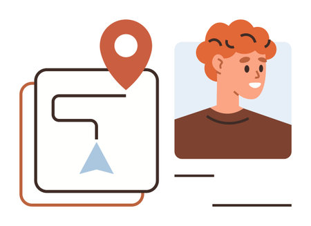 User portrait next to map with route and location pin. Ideal for navigation, travel, technology, user identification, personalization, maps, or profile systems. Simple flat metaphorのイラスト素材