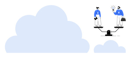 Two professionals on a balanced seesaw sharing ideas, collaborating, holding documents. Ideal for teamwork, innovation, equality, balance, leadership business strategy productivity themes. Simpleのイラスト素材