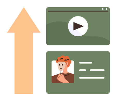 Video interface, profile photo, text box, and upward arrow symbolizing content creation, personal growth, marketing, digital strategy, career development, online learning simple flat metaphorのイラスト素材