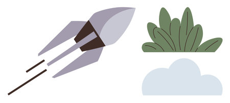 Rocket taking off with a gentle trail near a cloud and greenery, representing progress, innovation, exploration. Ideal for technology, startups, science, environment, aspiration future journeyのイラスト素材
