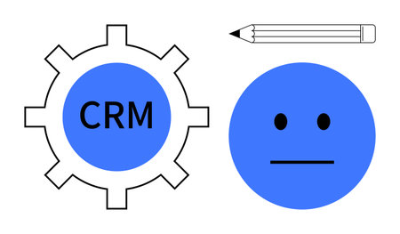 CRM gear for process automation, pencil representing note-taking, neutral face for user satisfaction. Ideal for CRM strategy, team collaboration, customer satisfaction, organization, technologyのイラスト素材