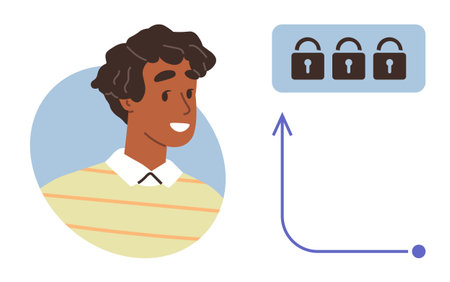 Confident person with three padlocks and upward arrow representing data security, decision-making, or personal growth. Ideal for cybersecurity, self-improvement, access control, innovation, strategyのイラスト素材