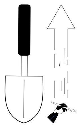 Trowel with vertical arrow and hand holding brush, representing growth, creativity, building,...